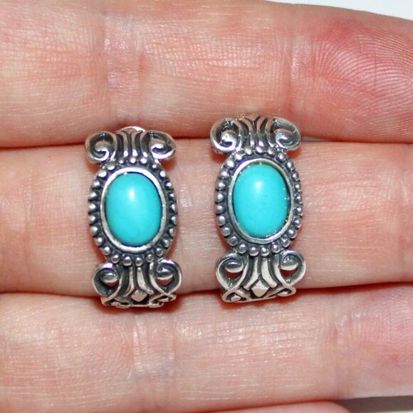 Vintage Sterling Silver Avon Faux Turquoise Half Hoop Earrings - Picture 6 of 6